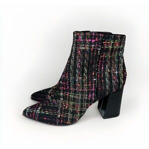 Betsey Johnson‎ Cait Multi Tweed Pointed Toe Ankle Boots City Chunky Heel 7.5